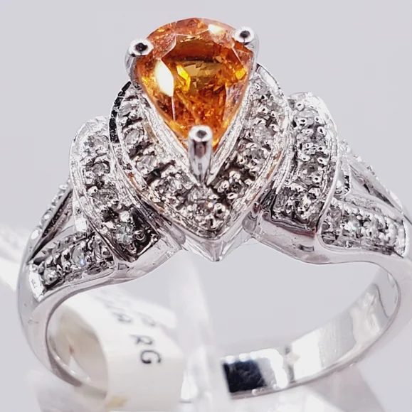 14k Solid White Gold Pear Shaped Orange Spessartite Garnet & Diamond Halo Ring - Picture 4 of 9